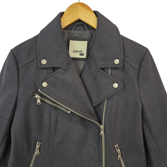 LEVIS Womens Wool Blend Navy Moto Punk Jacket Small Asymmetrical Zip Edgy - Picture 3 of 16
